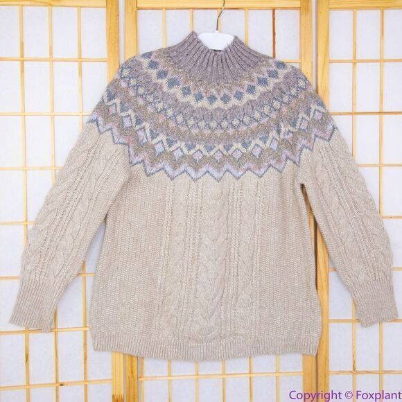 NEW Chico's Cable Yarn Wool Blend Fair Isle Tan Sweater, L - Picture 14 of 16